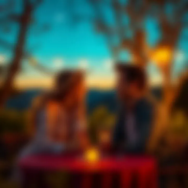 A Leo and Taurus couple enjoying a romantic dinner under the stars, showcasing their compatibility and charm.
