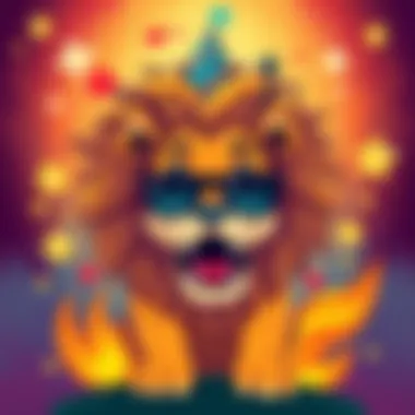 A playful lion character wearing sunglasses and a party hat, surrounded by stars and flames, representing Leo traits with a cheerful vibe.