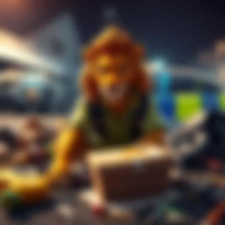 A Leo sits on the ground looking upset, surrounded by scattered items including a package and work tools, with a police car in the background