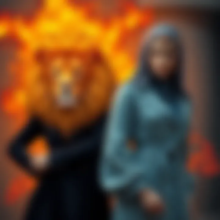 A Leo woman confidently standing next to a Virgo figure, showcasing the contrast in their personalities with Leo's fiery energy and Virgo's calm demeanor, emphasizing individuality and independence.