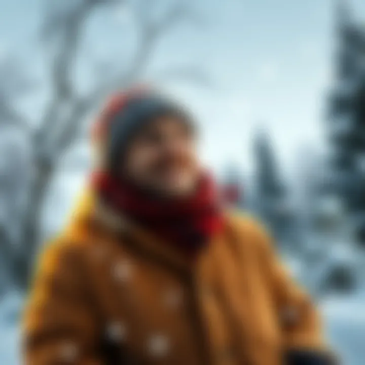 An August Leo dressed warmly, smiling in a snowy landscape with trees and snowflakes around.