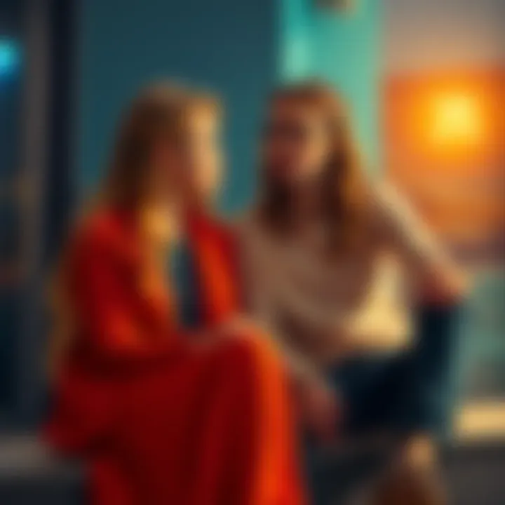 Leo Woman and Aries Man A Leo woman and an Aries man sitting together, discussing their thoughts and feelings in a vibrant setting, symbolizing their zodiac signs' connection.