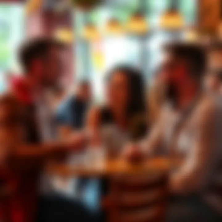 A Leo woman joyfully interacts with a Taurus man and a Libra man at a café, showcasing their close friendship and attraction.