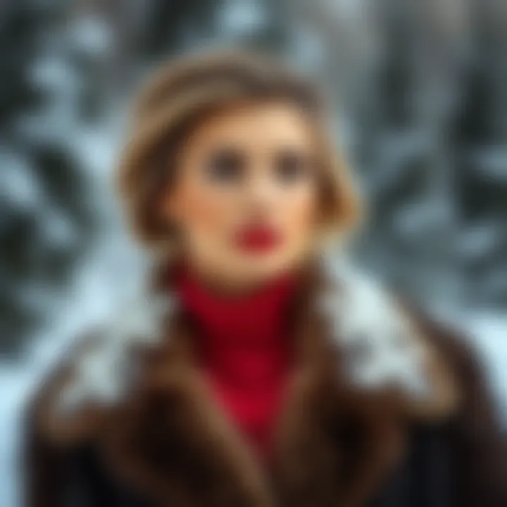 A Leo woman showcasing her winter style in a fur coat and bold lipstick, standing against a snowy backdrop.