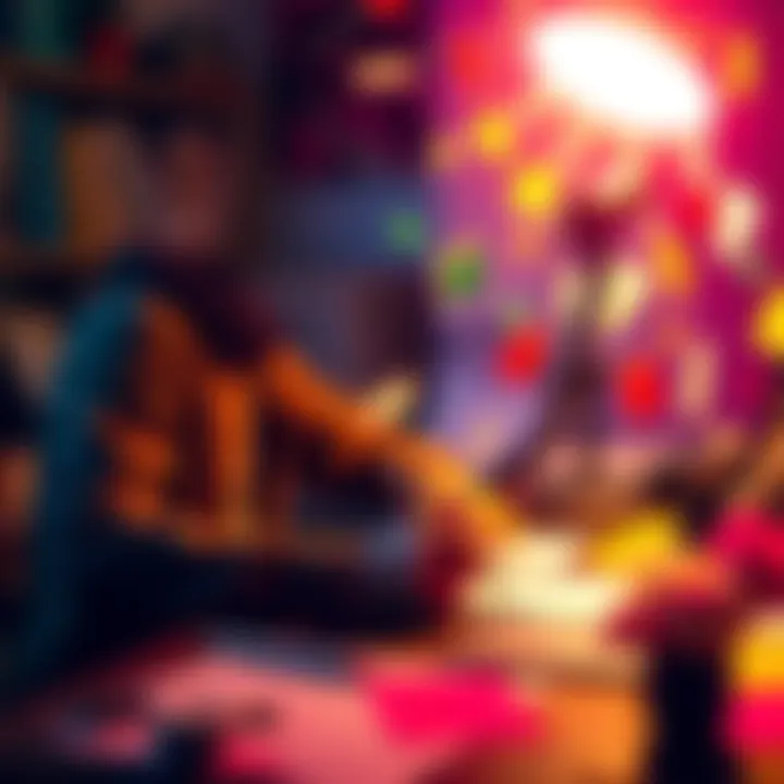 A person passionately writing at a desk surrounded by colorful papers and a glowing light, symbolizing creativity and vibrant energy.