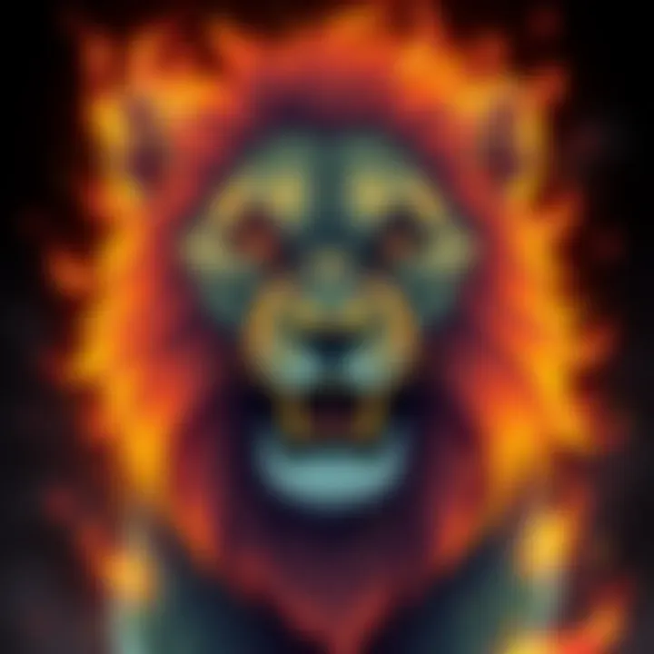 A bright, fiery illustration of the Leo zodiac sign, depicting a lion with expressive features showing a mix of anger and contemplation.