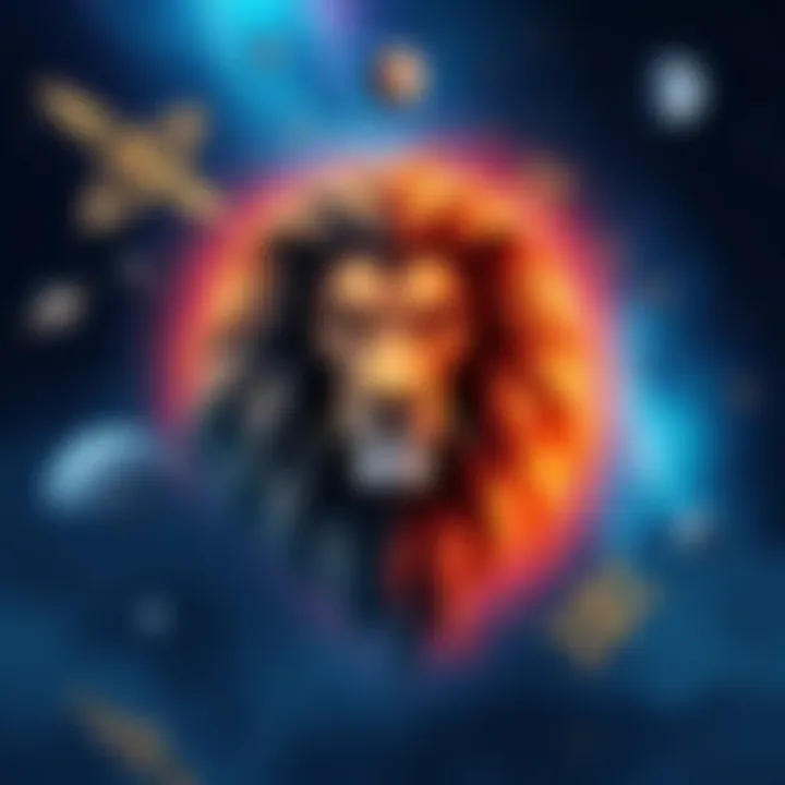 Leo Zodiac Sign with Cosmic Background A bold illustration of the Leo zodiac sign surrounded by cosmic elements representing change and transformation, with stars and planets in the background.