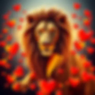 A golden lion representing the Leo zodiac sign surrounded by romantic hearts, symbolizing love and attraction.