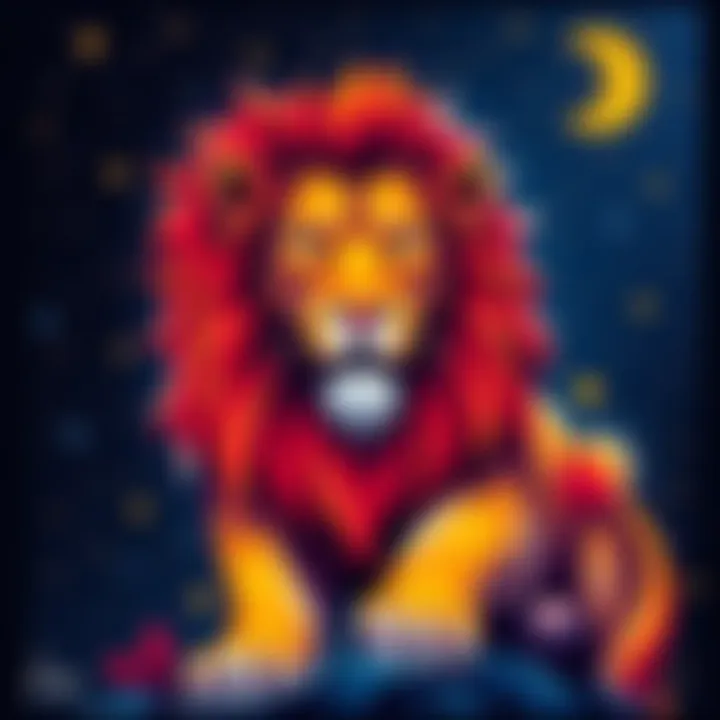 A colorful illustration of the Leo zodiac sign featuring a lion against a starry background, symbolizing strength and confidence.