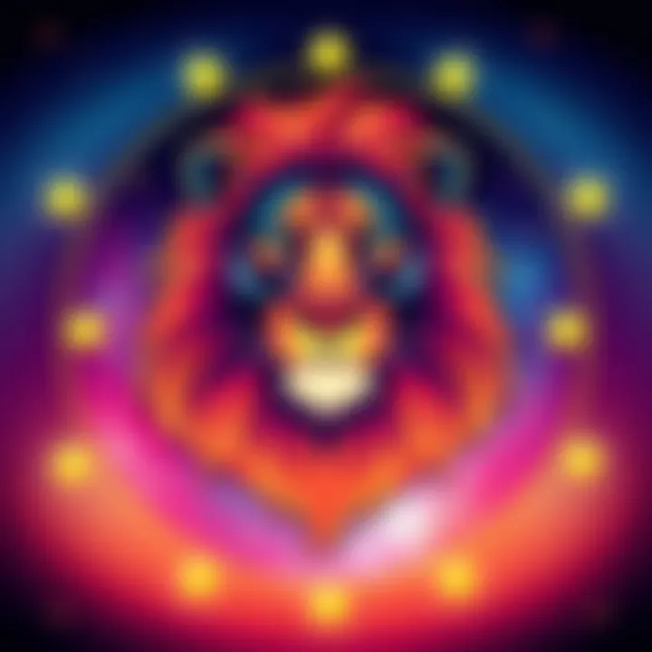 A colorful illustration of the Leo zodiac sign featuring a lion, symbolizing strength and independence, surrounded by stars