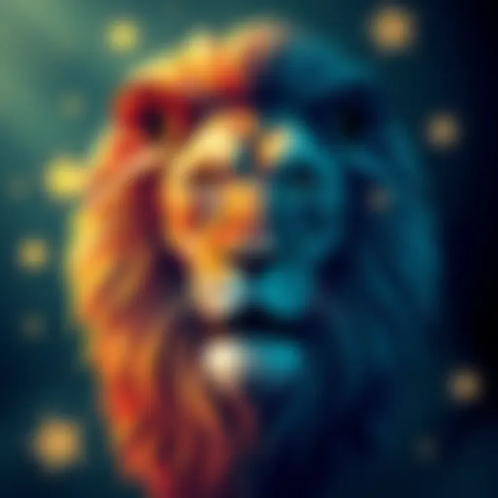 A lion symbolizing the Leo zodiac sign with a confident and bold expression, surrounded by stars.