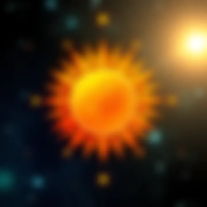 A bright yellow sun symbol representing the zodiac sign Leo surrounded by stars