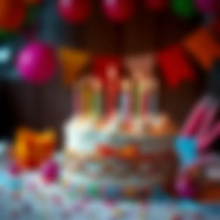A colorful birthday cake with candles surrounded by party decorations for Leos celebrating their birthday