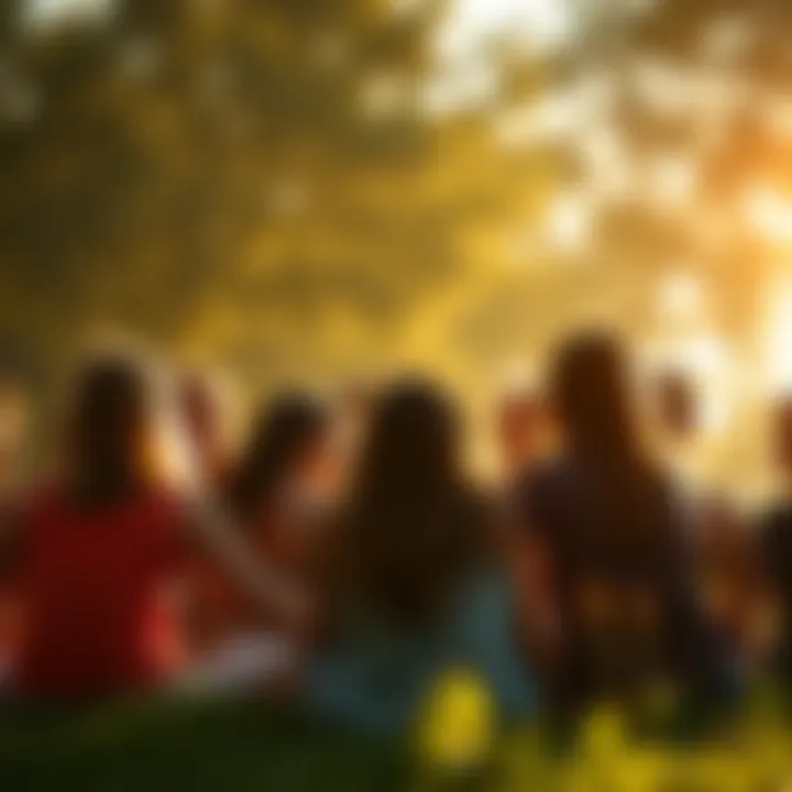 A group of Leos gathered in a circle, sharing their experiences and uplifting each other, with warm sunlight illuminating the scene.