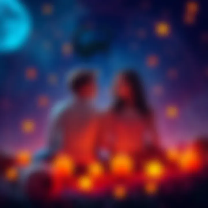 A Leo and Scorpio couple sitting together, sharing a moment of connection, surrounded by stars and zodiac symbols.