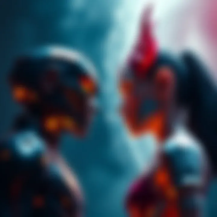 Two figures representing Leraje and Gremory facing each other, symbolizing their contrasting approaches to breakups and relationships.