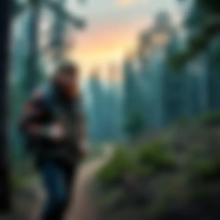 Les Stroud on a forest trail talking about Bigfoot with a backdrop of trees and wilderness
