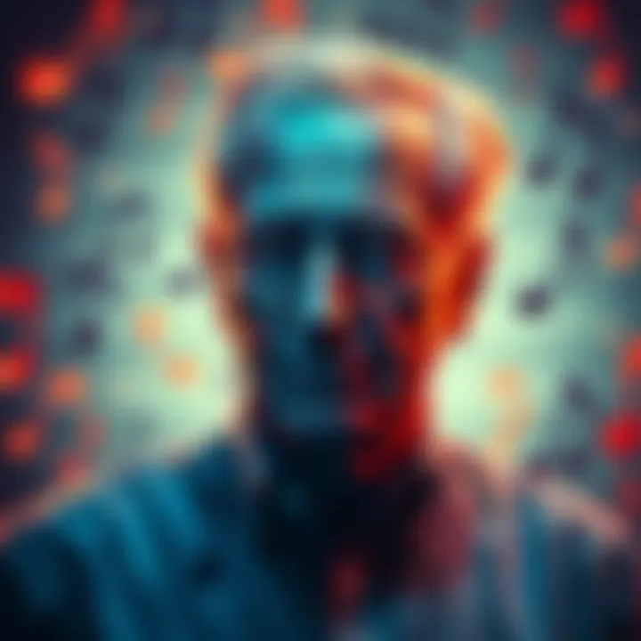 Les Wexner looks contemplative, surrounded by musical notes symbolizing his struggle with anxiety from a dybbuk spirit