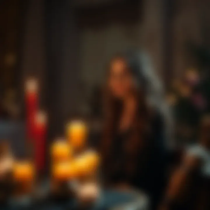 A lesbian witch surrounded by candles and crystals, contemplating her connection to masculine energy in a cozy witchcraft space.