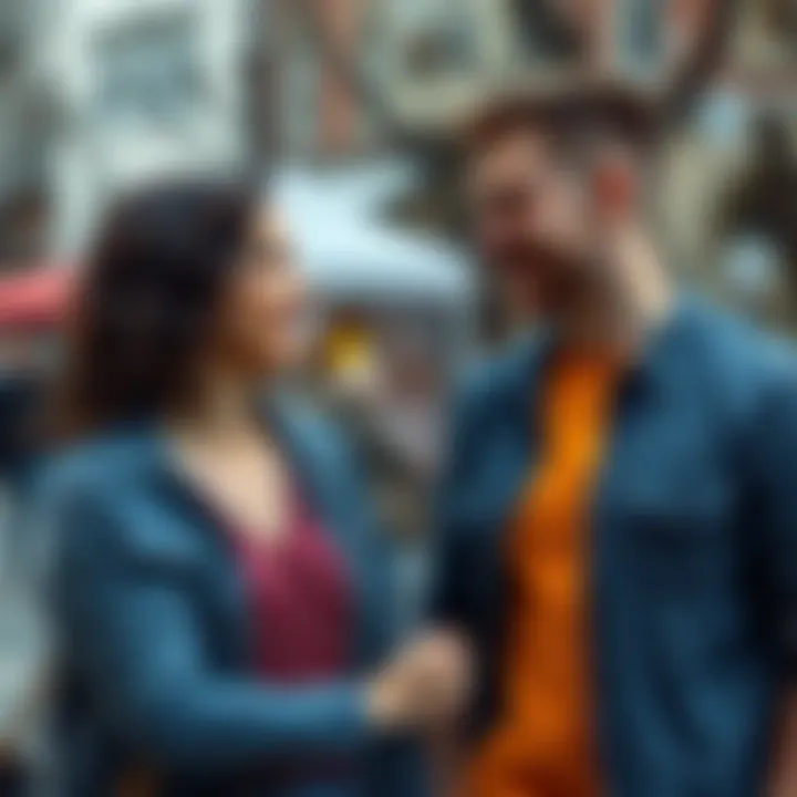 A lesbian woman and a male friend having a friendly conversation outdoors, both smiling and enjoying their platonic friendship.