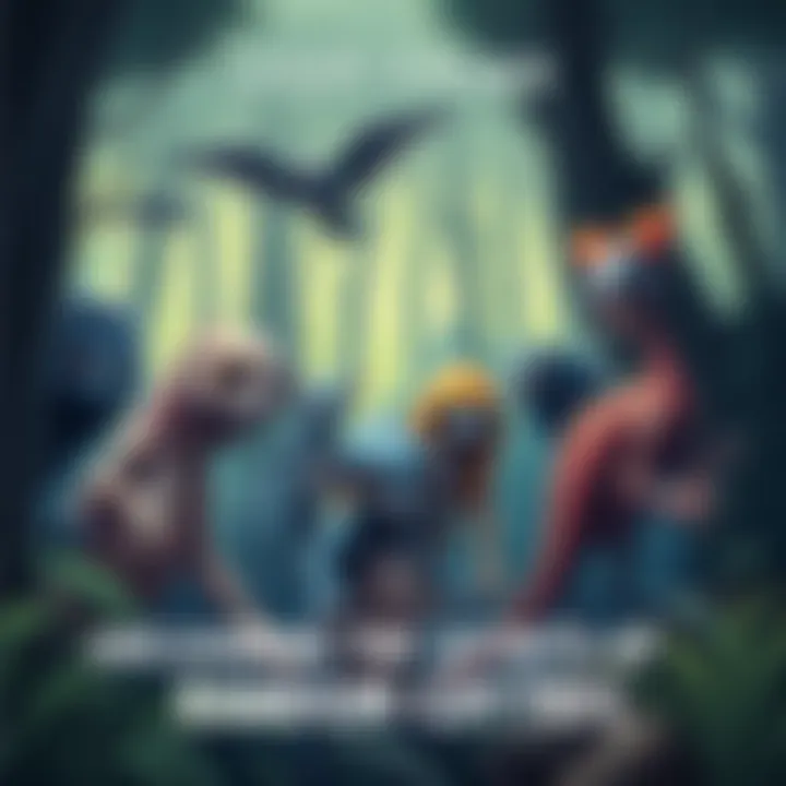 Illustration of various random cryptids in a vibrant forest setting, showcasing unique features like fur, scales, and unusual shapes.