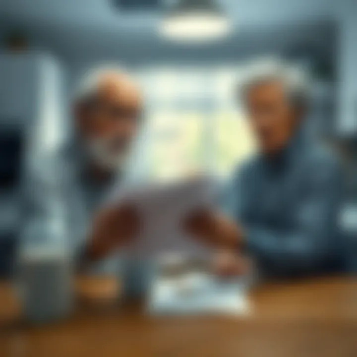 An anxious elderly couple reading a letter at their kitchen table, looking concerned and worried.