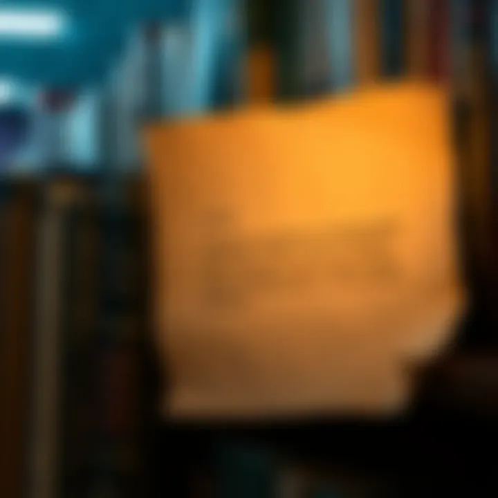 A close-up of an old letter placed on a public bookshelf, warning that touching the paper will cause loss of feeling, surrounded by books.