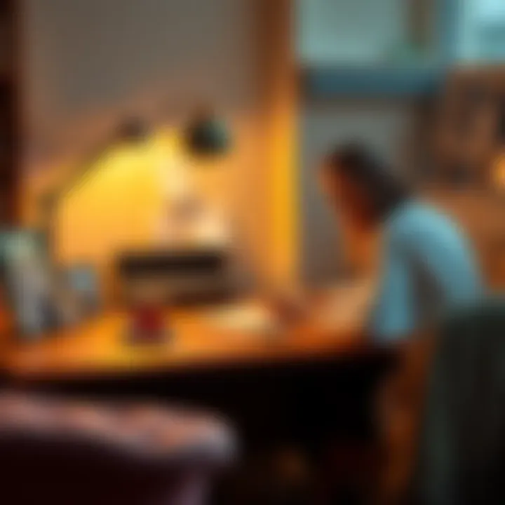 Letter to My Twin Flame A person sitting at a desk, writing a heartfelt letter with a warm cup of tea beside them, surrounded by family photos and notes of gratitude.