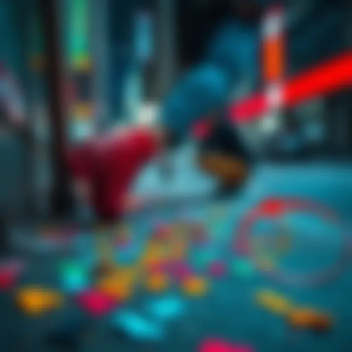 A person kneeling by a sidewalk, picking up colorful letters scattered on the ground, hinting at hidden messages.