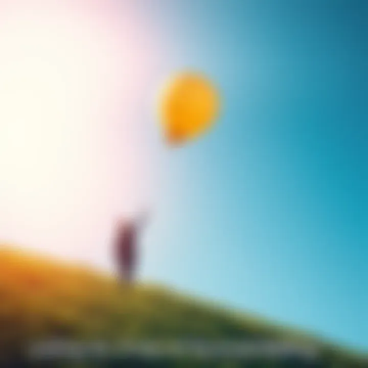 A person standing on a grassy hill, letting go of a colorful balloon that rises into a clear blue sky, symbolizing the act of letting go for personal well-being.