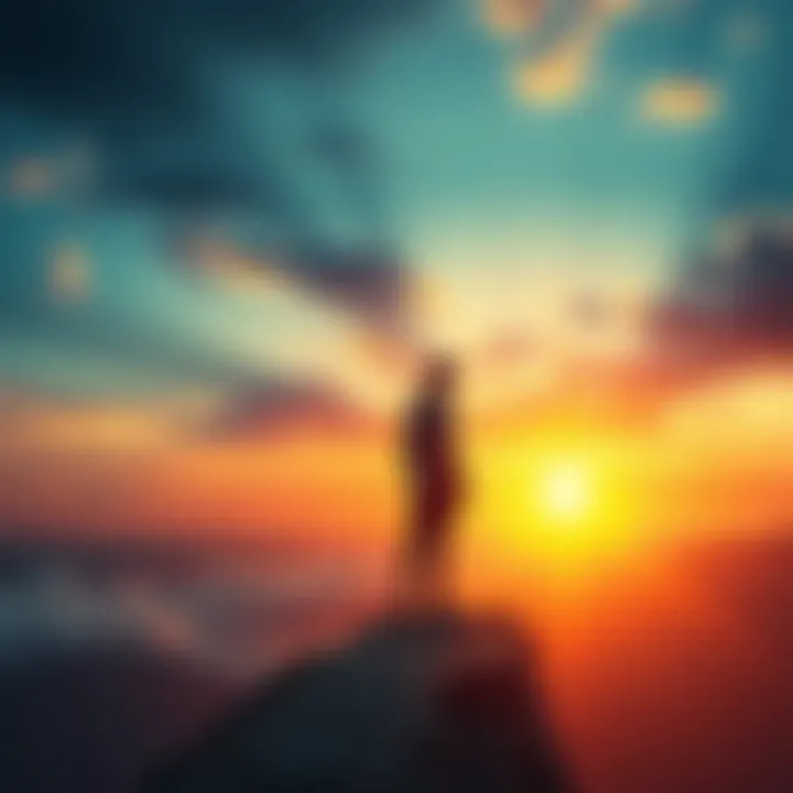A person standing on a cliff, looking towards a vibrant sunset, symbolizing the journey of letting go and shifting into a new reality.