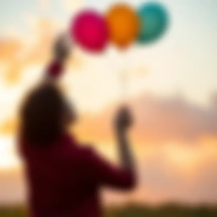 A person standing outdoors, letting go of a colorful balloon, symbolizing the act of moving on from the past