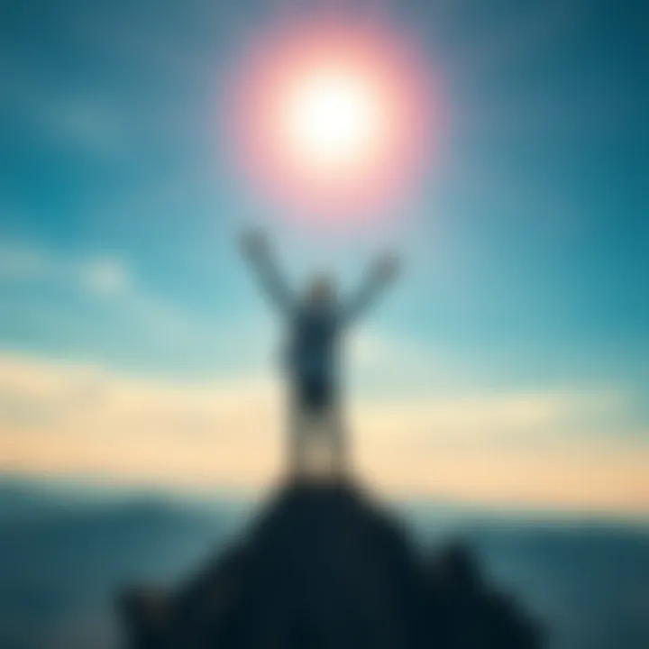 A person standing on a mountain peak, arms raised towards the sky, symbolizing freedom from ego and embracing true consciousness.