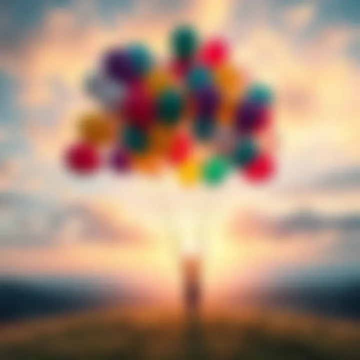 A serene landscape showing a person releasing colorful balloons into the sky, symbolizing the act of letting go and embracing the present.