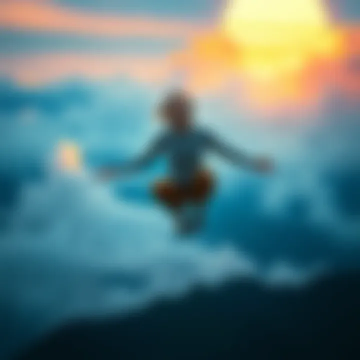 A person experiencing levitation, suspended in the air above a serene landscape during a dream, with a calm expression on their face.