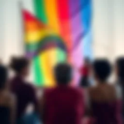 A diverse group of LGBTQ individuals gathered, sharing personal stories about their near-death experiences after cardiac arrest, with a rainbow flag in the background symbolizing pride and inclusivity.