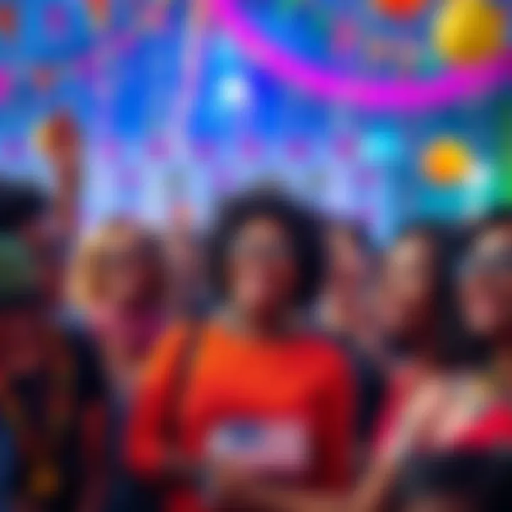 Celebration of Liberation Day A group of diverse people celebrating Liberation Day with colorful decorations and smiles, symbolizing personal growth and healing.