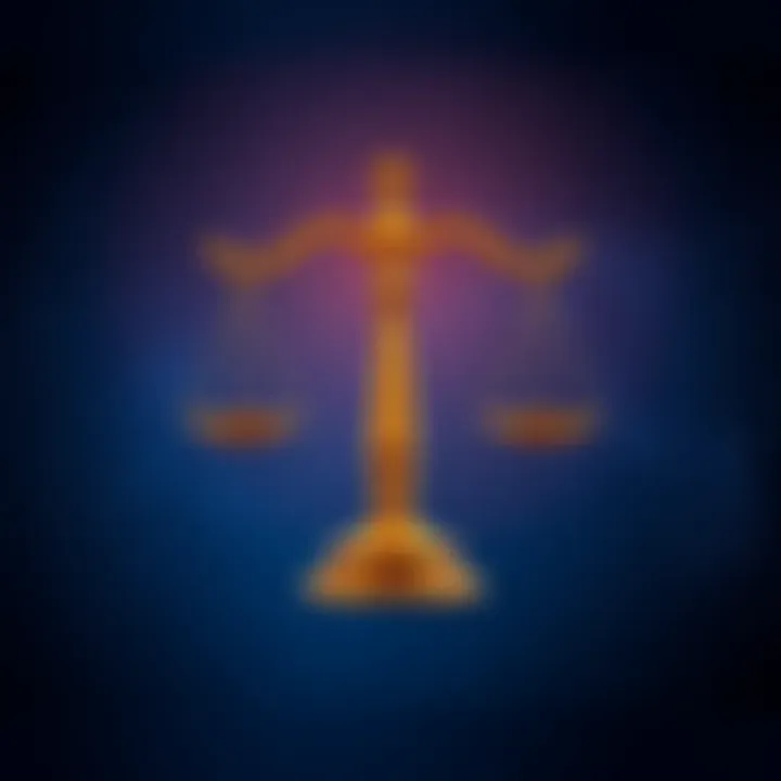 Stylized Libra symbol with balanced scales against a starry background, representing the zodiac sign's qualities.