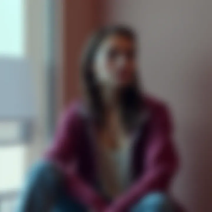 A female Libra sitting alone, deep in thought about her past relationships and friendships, with a serene expression on her face