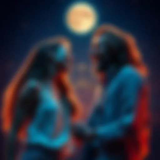 A Libra and Leo friend pair laughing together, symbolizing their strong bond. They are surrounded by stars and a moon to represent their Capricorn moons.