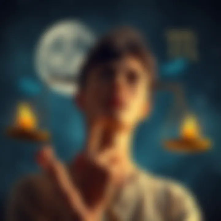 A Libra moon person looking thoughtful and contemplative, surrounded by symbols of balance and harmony, while feeling a sense of yearning for different zodiac qualities.