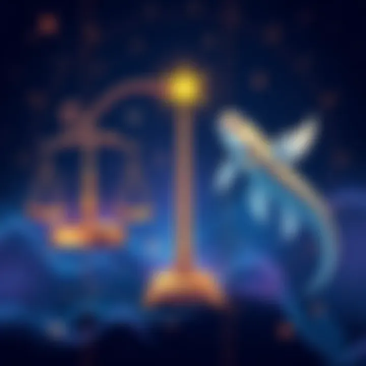 Illustration of Libra and Pisces symbols influencing personality traits with stars and zodiac signs