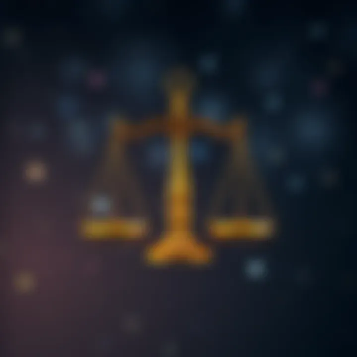 The Libra zodiac symbol with balancing scales, representing charm and agreement, set against a starry background