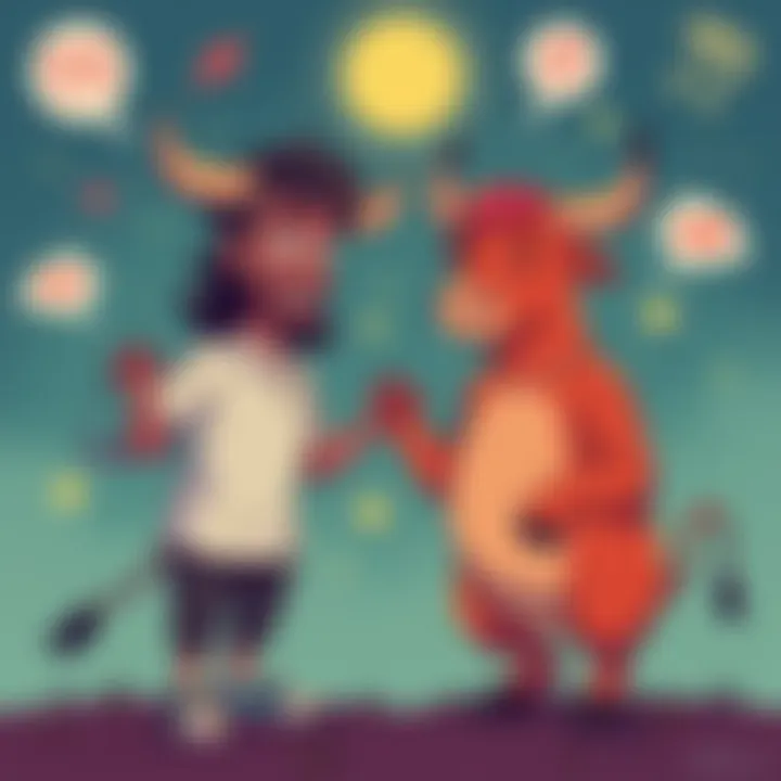 A humorous illustration showing a Libra and Taurus character playfully debating their differences, surrounded by zodiac symbols and laughter bubbles.
