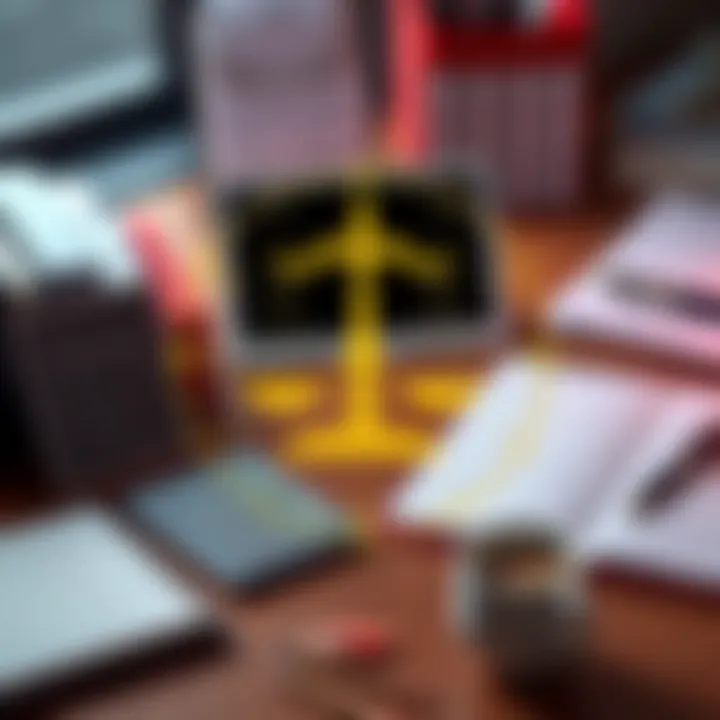 Libra zodiac symbol surrounded by office items like a desk, notepad, and coffee cup, representing work and daily routines.