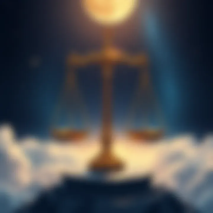 An artistic representation of the Libra zodiac sign, featuring scales balanced on a celestial background, symbolizing balance and harmony.