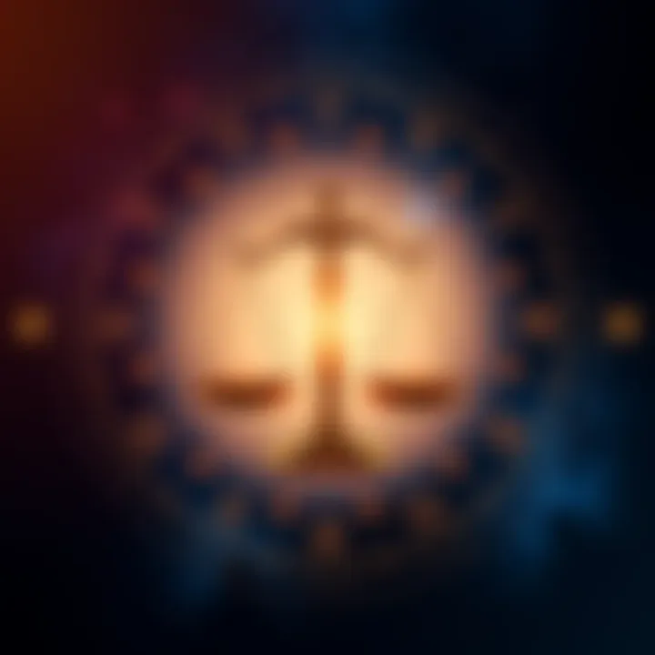 A Libra zodiac symbol with a balanced scale representing harmony, surrounded by stars and astrological elements.