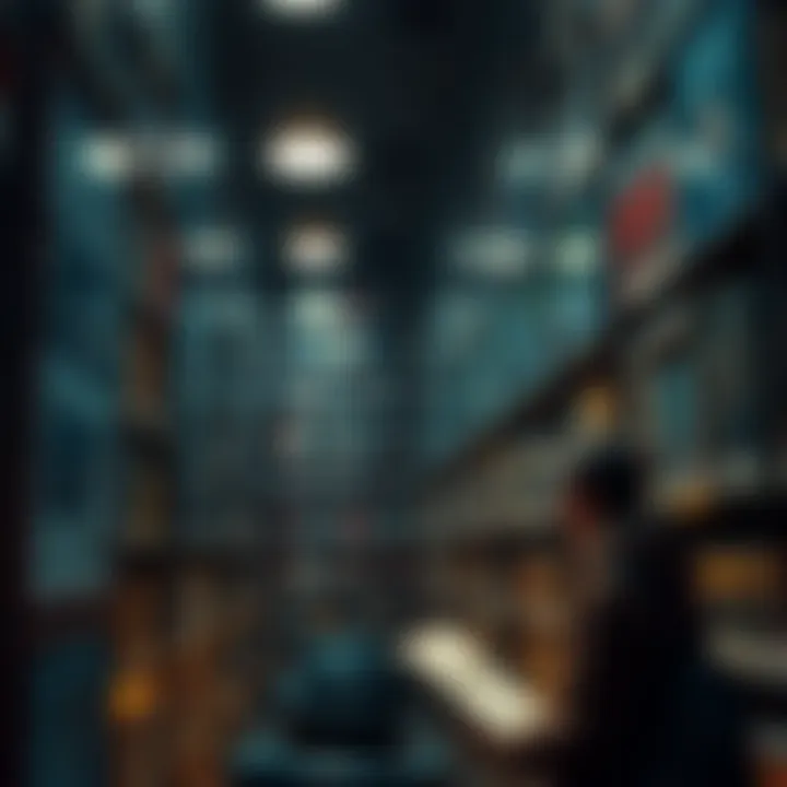 A library with shelves of advanced science textbooks in German and a person looking at the books