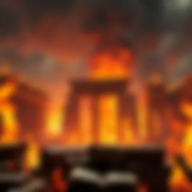 A dramatic scene showing the Library of Alexandria engulfed in flames, with scrolls and ancient books in the foreground, illustrating the destruction of knowledge.