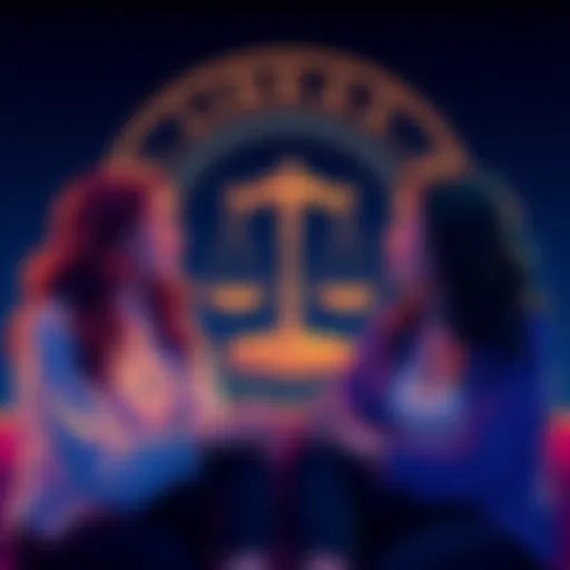 Libras in Friendship and Love Two friends chatting with a Libra star sign symbol in the background, showcasing their friendly nature and charm.